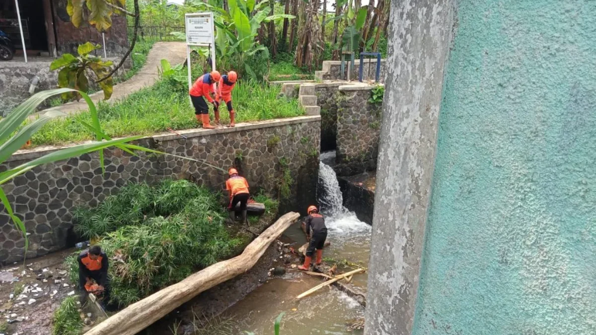 Tim Satgas BPBD Kota Sukabumi mengevakuasi batang pohon di aliran Sungai Pangbarakan di Kelurahan Sindangsari